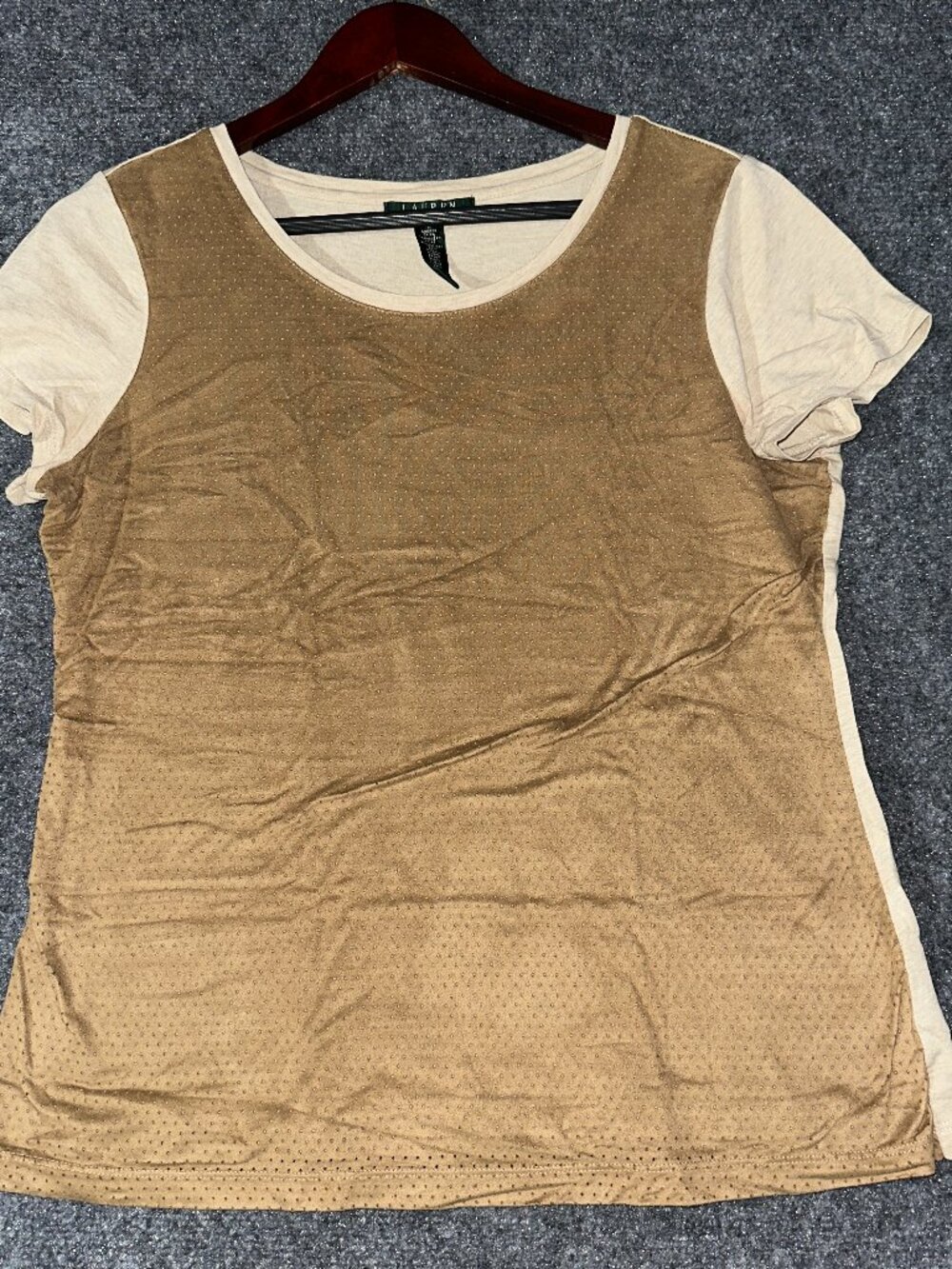 Lauren Ralph Lauren Top Womens Medium Cotton Knit Short Sleeve Layer Look Suede